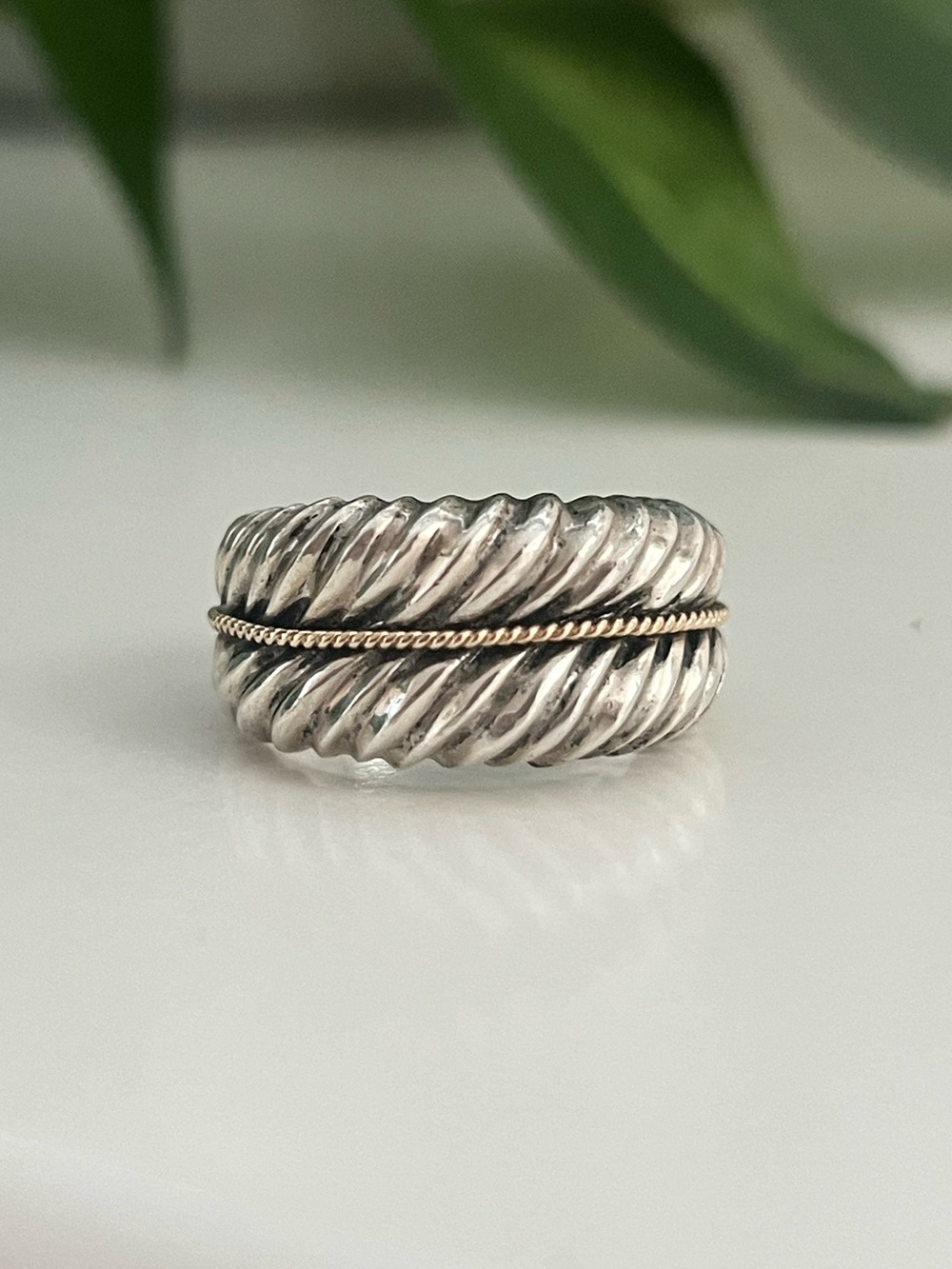 Sterling Silver & 14K Gold Large Dome Cigar Ring, Size 8.75